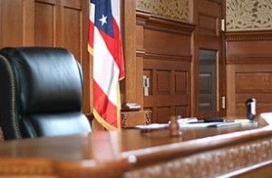 Courtroom bench with an American flag